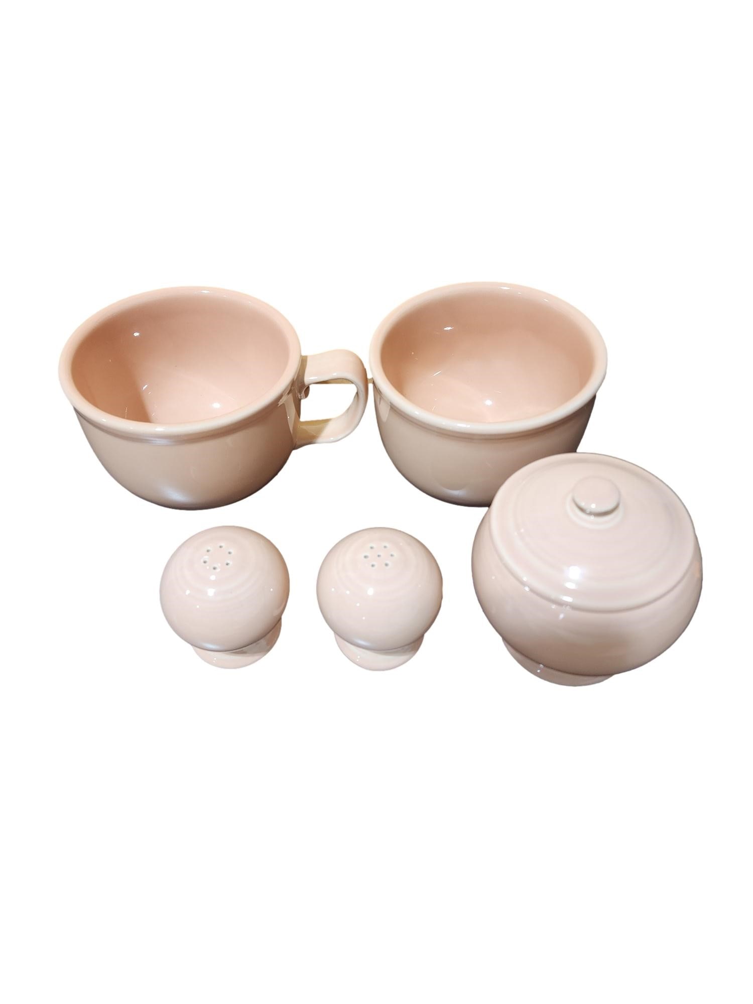 Vintage Fiesta Ware Suite: Chili Bowl, Salt and Pepper, Sugar, and Large Coffee Cup in Apricot (1 of 1)