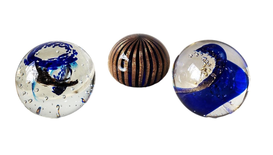 3 Round Glass Paperweights - one marked GES: All appox. 3 1/2". The Blue and Gold Glitter Wave is the GES marked.The other 2 are not marked.