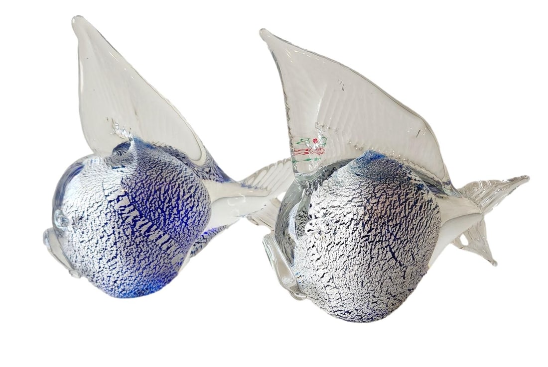 2 Murano Art Glass Paperweights in the shape of Fish. Blue with Silver Flecks.: Each signed In Base. Featuring Angel fish design. Blue with silver fleck.Original labels present.