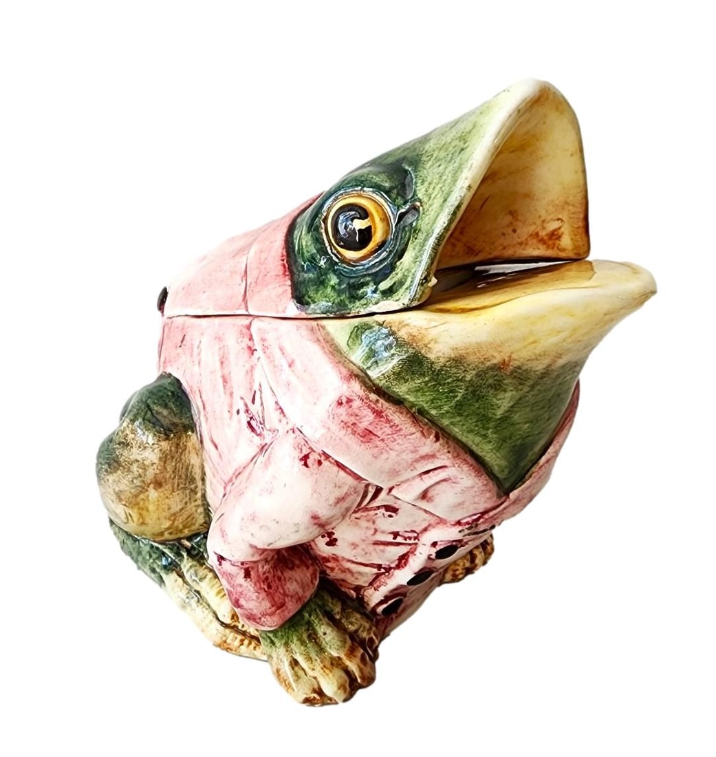Small Majolica Pottery Frog - Tobacco Humidor.: This little guy stands - 5.5"'s Tall and 5" Wide. He's wearing a pink coat.
