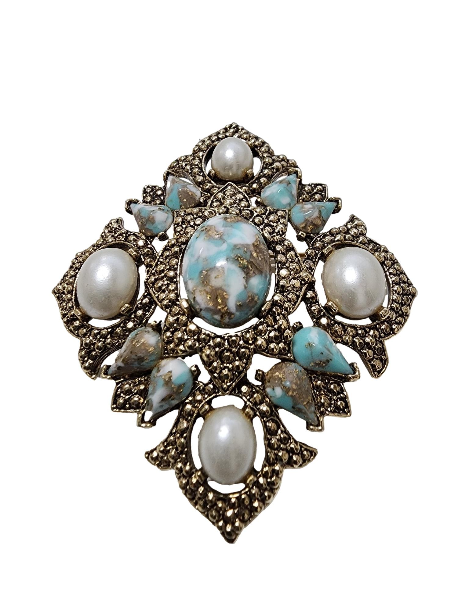 Vintage Faux Turquoise and Pearl Brooch Sarah Covington 'Remembrance', set in a silver-toned metal. (1 of 1)