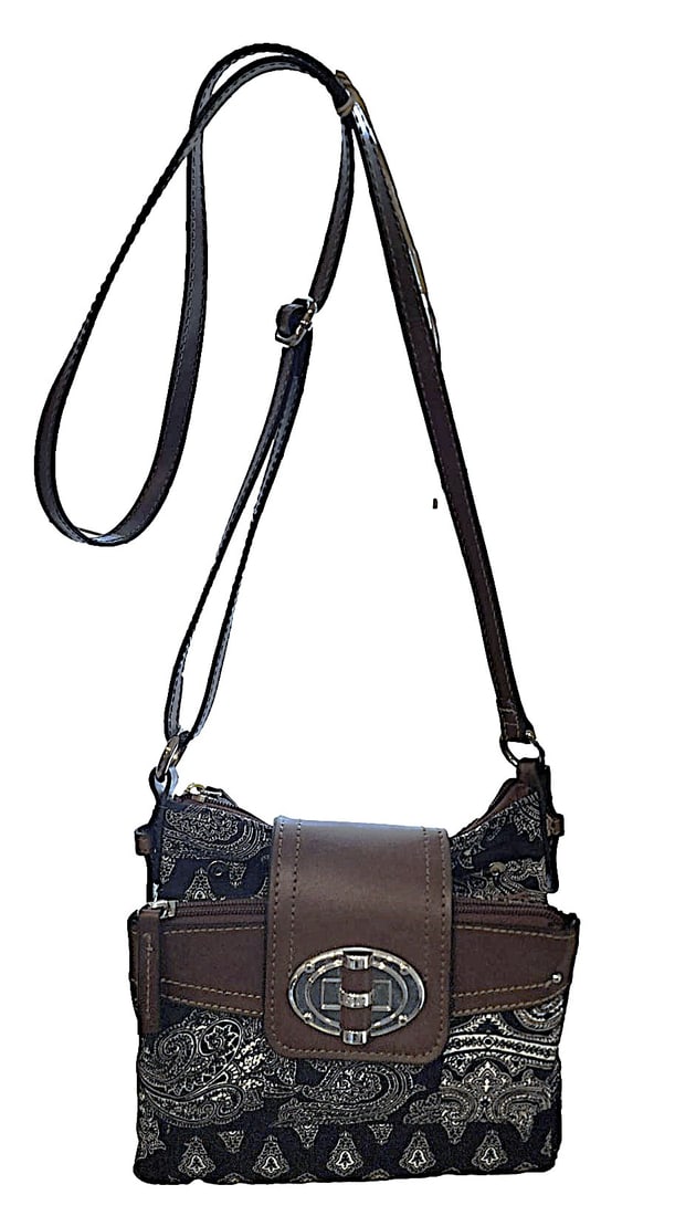 CHAPS' - Crossbody Bag in Navy Blue Handkerchief Material with Brown Leather-like Trim. Near New.: 8 x 8. 3 sides - back has a zipper pocket. Front zipper pocket. Center has a Driver License pocket and 2 open pockets. Snap closure.