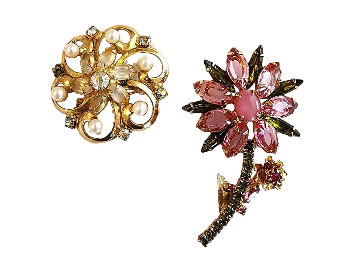 2 Vintage Brooches. One a Large Flower with Colorful Stones and One with Crystals and Seed Pearls. (1 of 1)