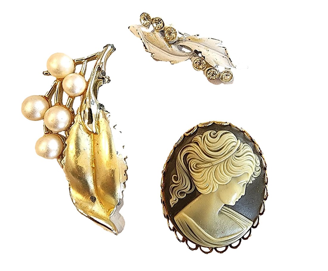 3 Pins - One Cameo Brooch and 2 Leaf Featured. No mark's Found. NO RESERVE (1 of 1)