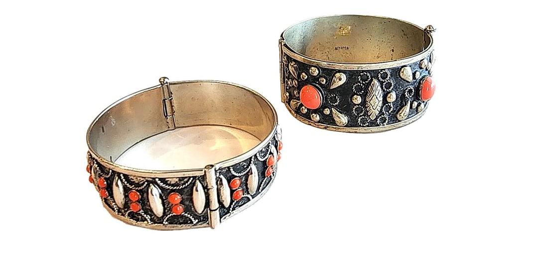 2 Vintage Hinge Bangle Bracelets with Coral Insets, One 3/4" wide and one 1 1/8" wide. David Farin (1 of 1)