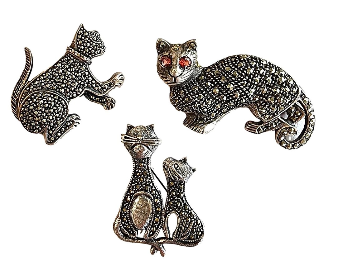 Trio of Sterling Silver Marcasite Stone Cat Pins. All stamped 925. One with Ruby Stone Eyes. David (1 of 2)