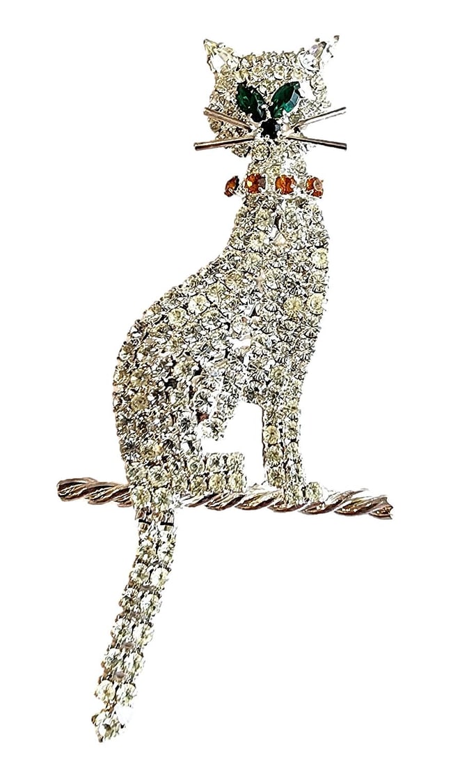 All Crystal Cat Pin. Green Eyes and Orange Stone Collar. No Maker Mark present. David Farin (1 of 1)