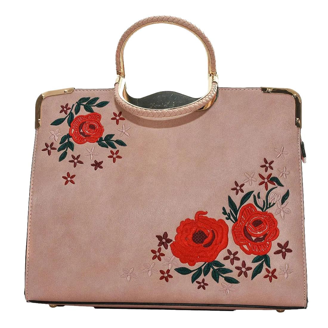 New - Beautiful Soft Pink Handbag with Embroidered Flowers and Gold Hardware. Removable Shoulder: 14" x 11" x 6". This handbag is unused. The Center Pocket Zipper still has its Protective Covering. There is 1 exterior pocket and 3 interior pockets. The leather still smells New. 4 gold metal feet o