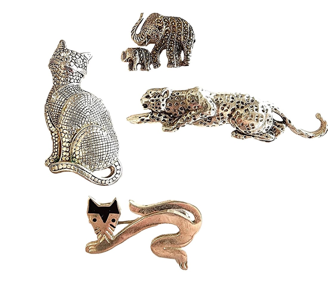4 Animal Pins - Sterling Silver. An Elephant with Marcasite, A Jaguar/leopard, A Cat, and A Fox. NO (1 of 2)