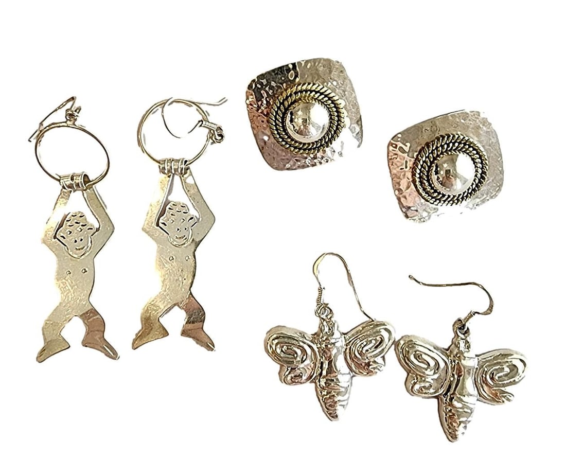 3 Sterling Silver Earrings. Adorable Monkeys, Bees and Silver and Gold Tone. NO RESERVE: Pierced Earrings Group. Sterling Silver. David Farin Collection