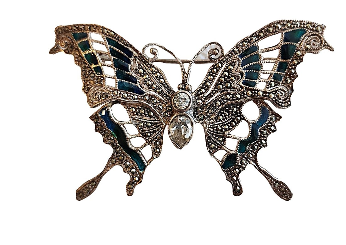 Victorian Sterling Silver Butterfly pin. Turquoise/Emerald Enamel Features with Marcasite Type: 3 1/8". All Stones Present. Stamped 925.