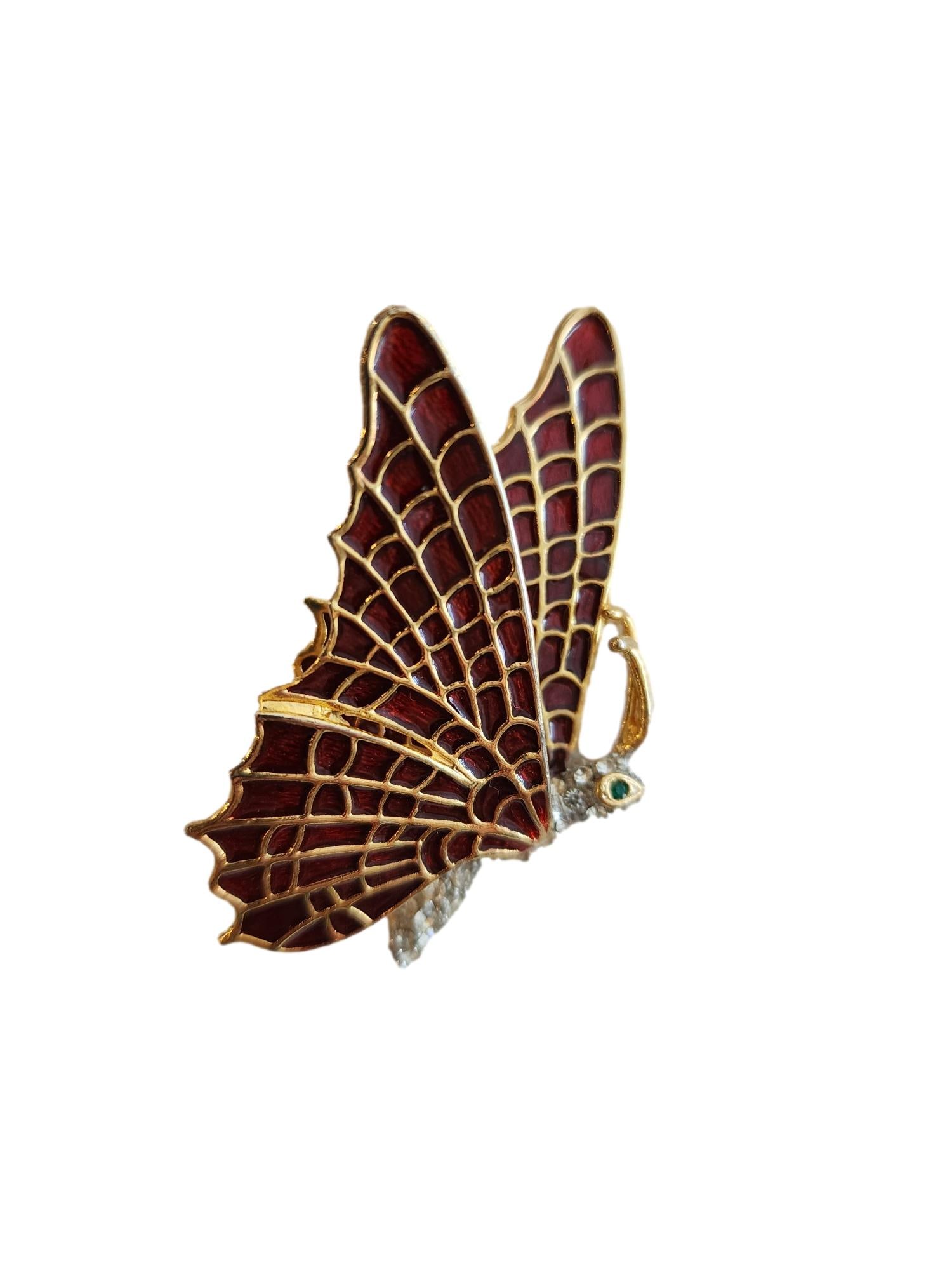 2 Dimensional Butterfly Pin featuring Crystals and Red Enamel Wings and Green Eyes. No mark Found.: 2 1/2". Very Nice Piece. All Stones Present.