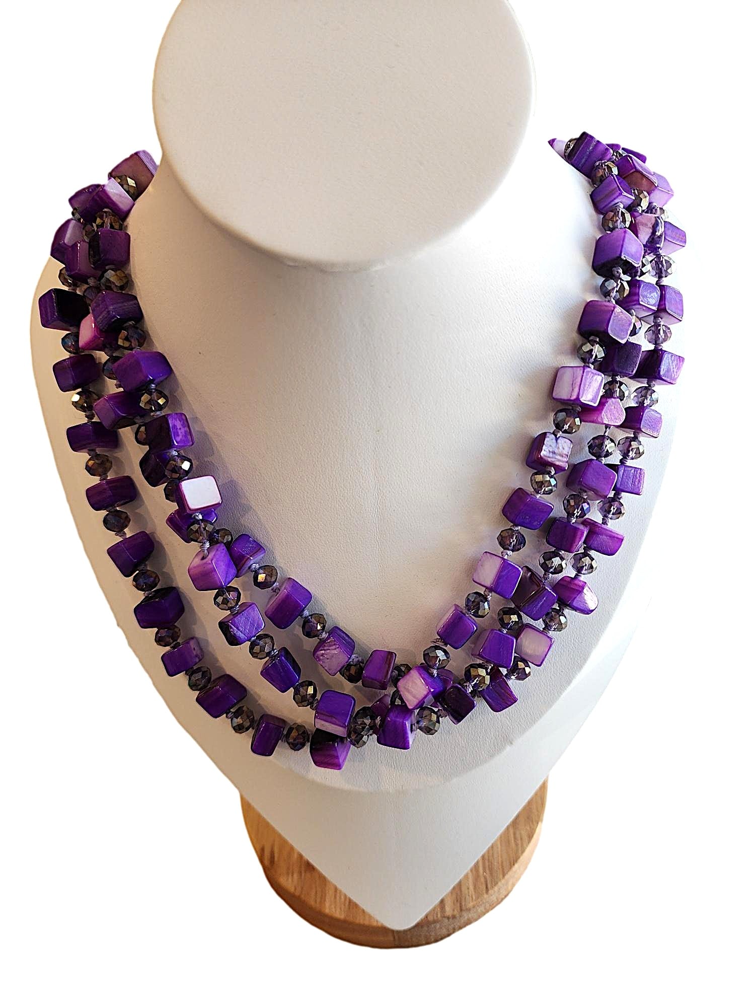 Vintage Deep Purple Multi-strand Necklace. NO RESERVE: 21". 3 Strand Square Purple Beads with Smokey Crystals in-between. This necklace has some weight to it.