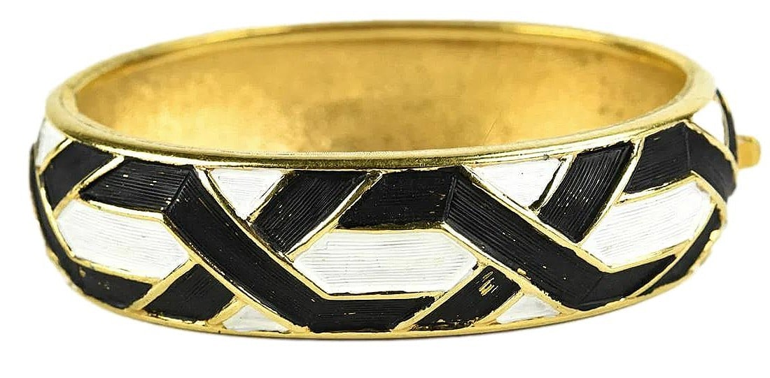 Black and White Geometic Pattern Hinged Cuff Bracelet by Boucher. c. 1970. Numbered: 91293. 2 1/2" (1 of 3)