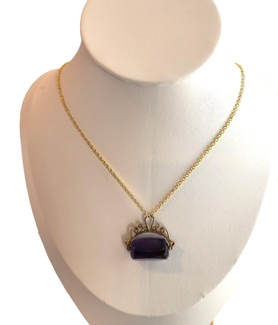 9 ct. Gold Swivel Fob Pendant, Featuring Purple Paste Stone. Maker's Mark Present, but I was unable (1 of 1)
