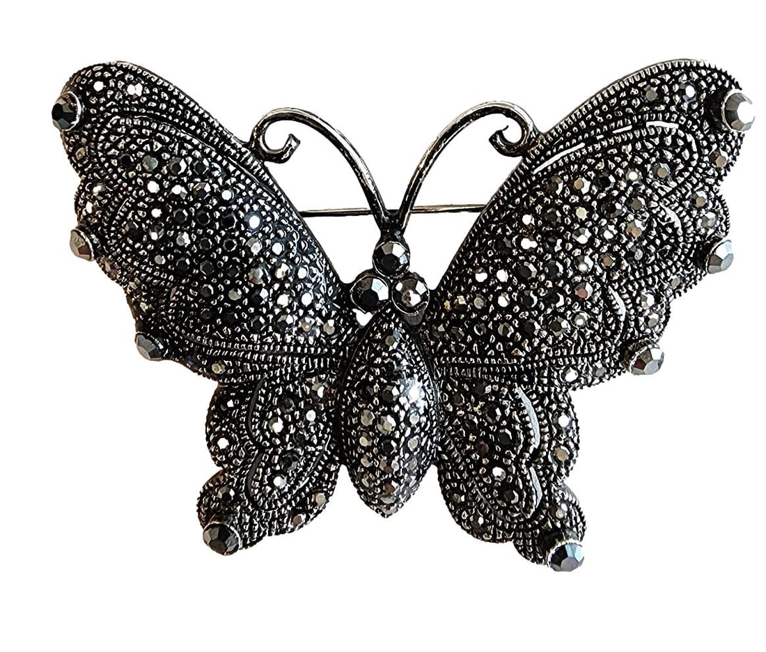 Large Butterfly with Marcasite Stones Inlayed Throughout. Stamped "MD". 2 1/2". NO RESERVE (1 of 2)