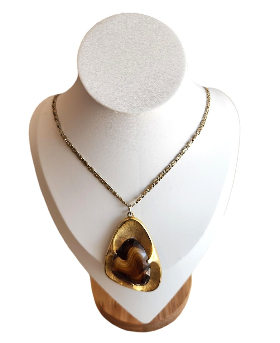 Large Amber Colored Stone Pendant in Gold Metal Setting. Marked, but I couldn't read it. Has an (1 of 1)