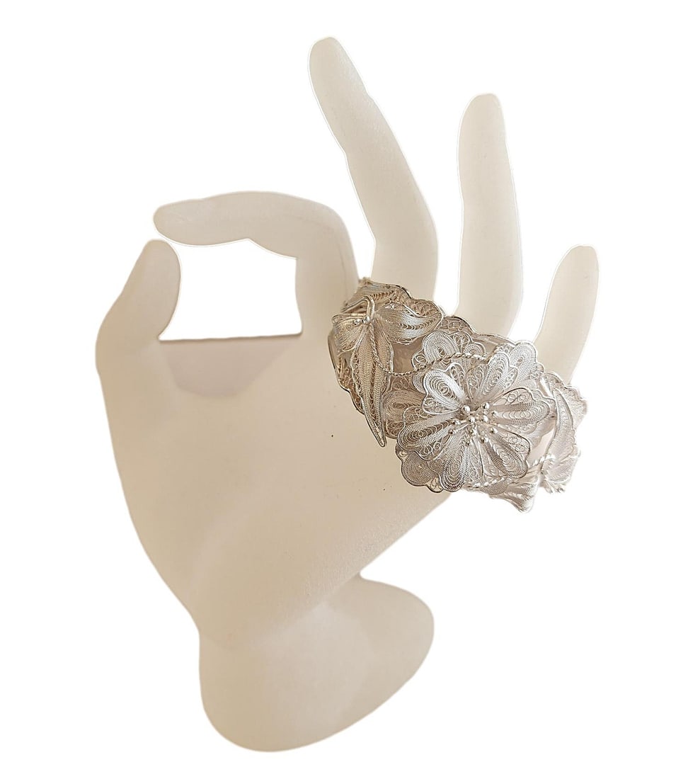 New - Sterling Silver Filigree Floral Design Cuff Bracelet. 28.5 gms gross weight. (1 of 2)