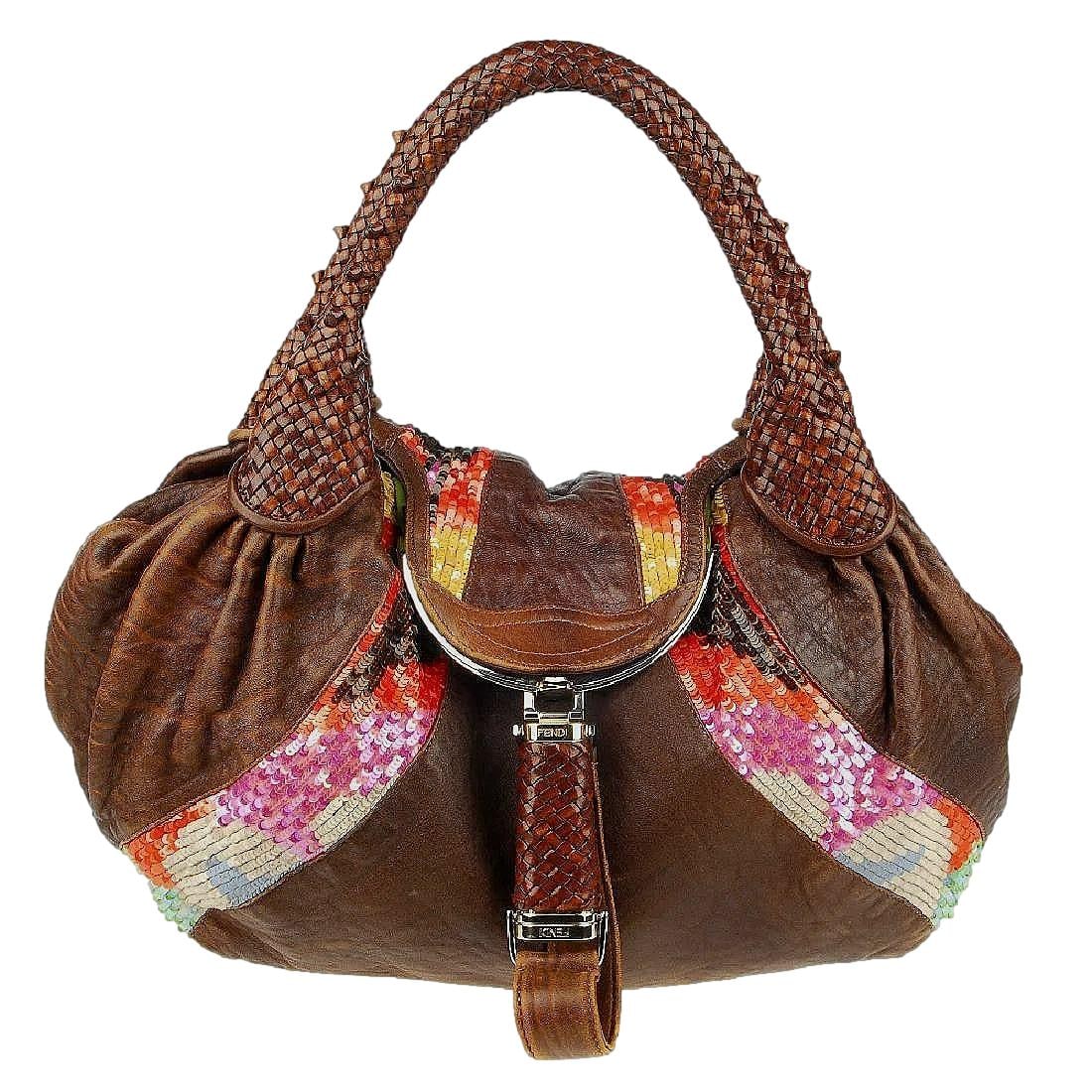 A Limited Edition Fendi Sequin Spy Handbag. Made in Italy. Leather Handles and Closure. No Reserve!: 16" x 11" x 7". Muti Colored sequin Accents front and back. Interior Lining Green Satin. includes a Snap closing coin purse. Interior is completely open. No zippers or slotted pockets. Certificate of