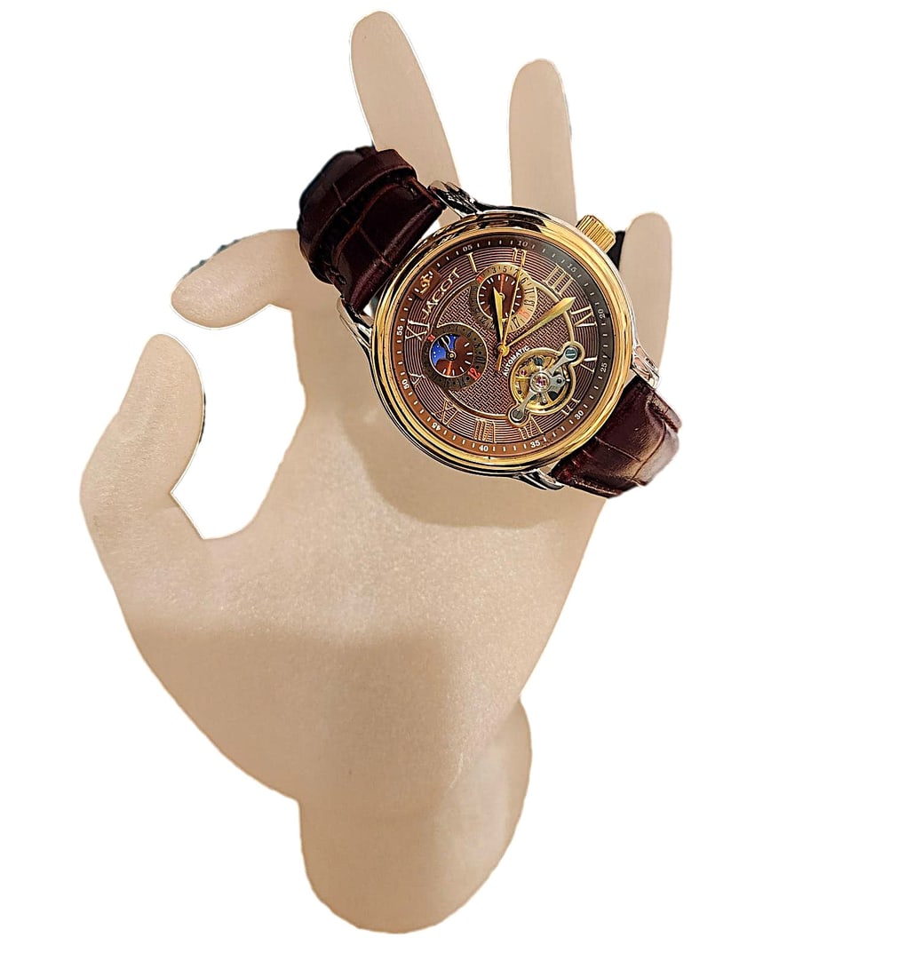 New Jacot Brown Face Skeleton Movement with Brown Leather Strap Automatic Movement Men's Wrist: My Watches were purchased at a Store Liquidation. All are working at the time of this lsting. This Watch is a Perpetual Motion Watch. If you have questions about that, please don't hesitate to ask.
