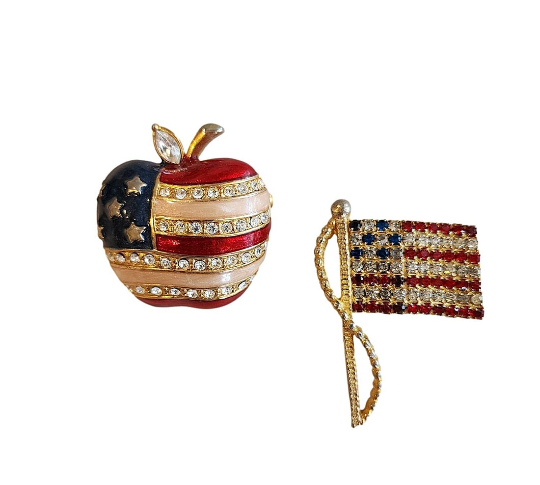 Patriotic Pins - An Apple and a Flag. Flag Marked Rafaelian: Apple 1 1/2" and Flag 2". All Stones Present.