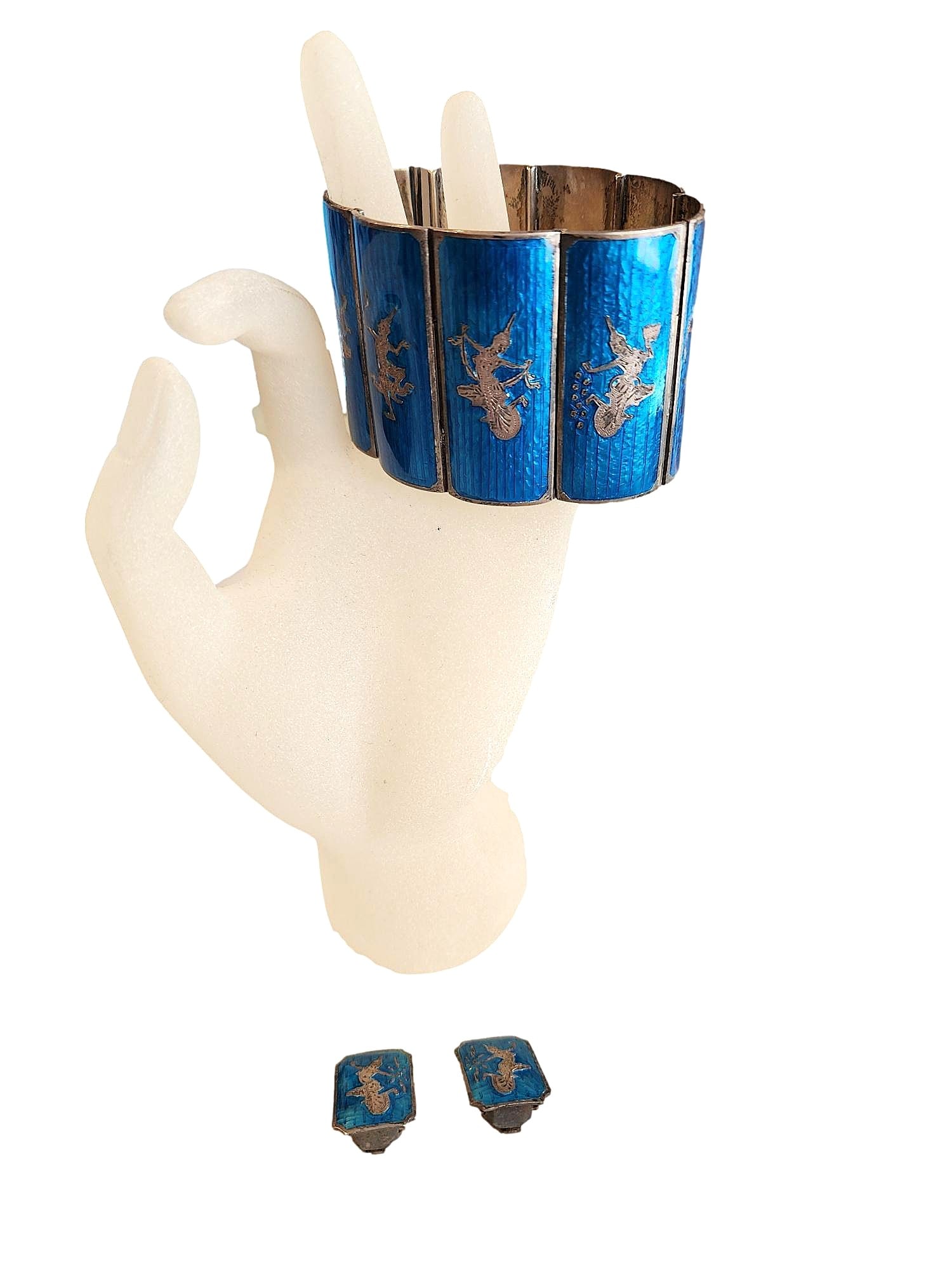 Vintage Wide Enamel Panel Bracelet. Sterling & Enamel Set. Bracelet and Matching Clip Earrings. (1 of 4)