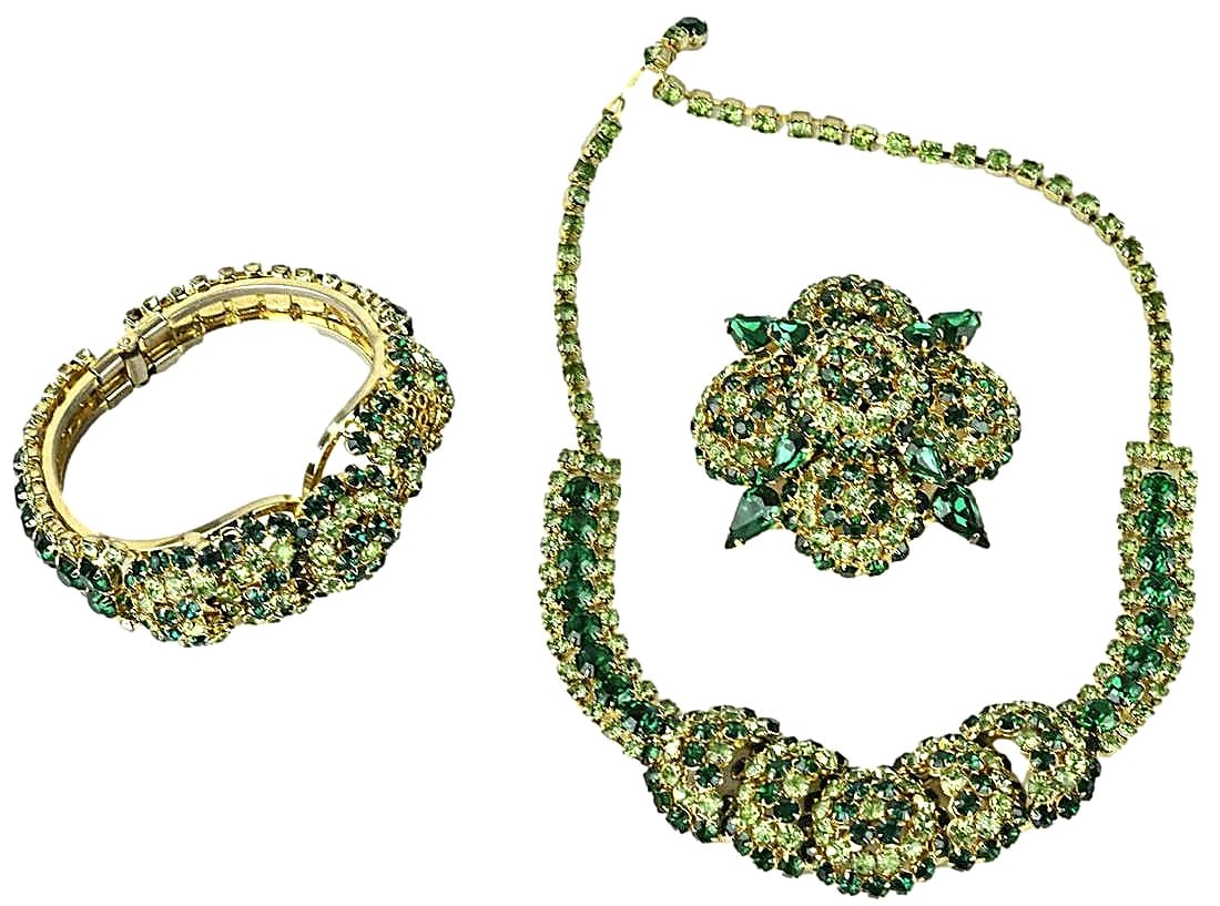 Vintage Warner Green Stone Jewelry Suite. Emerald and Peridot Colored Stones. c. 1965. Stamped. No (1 of 4)