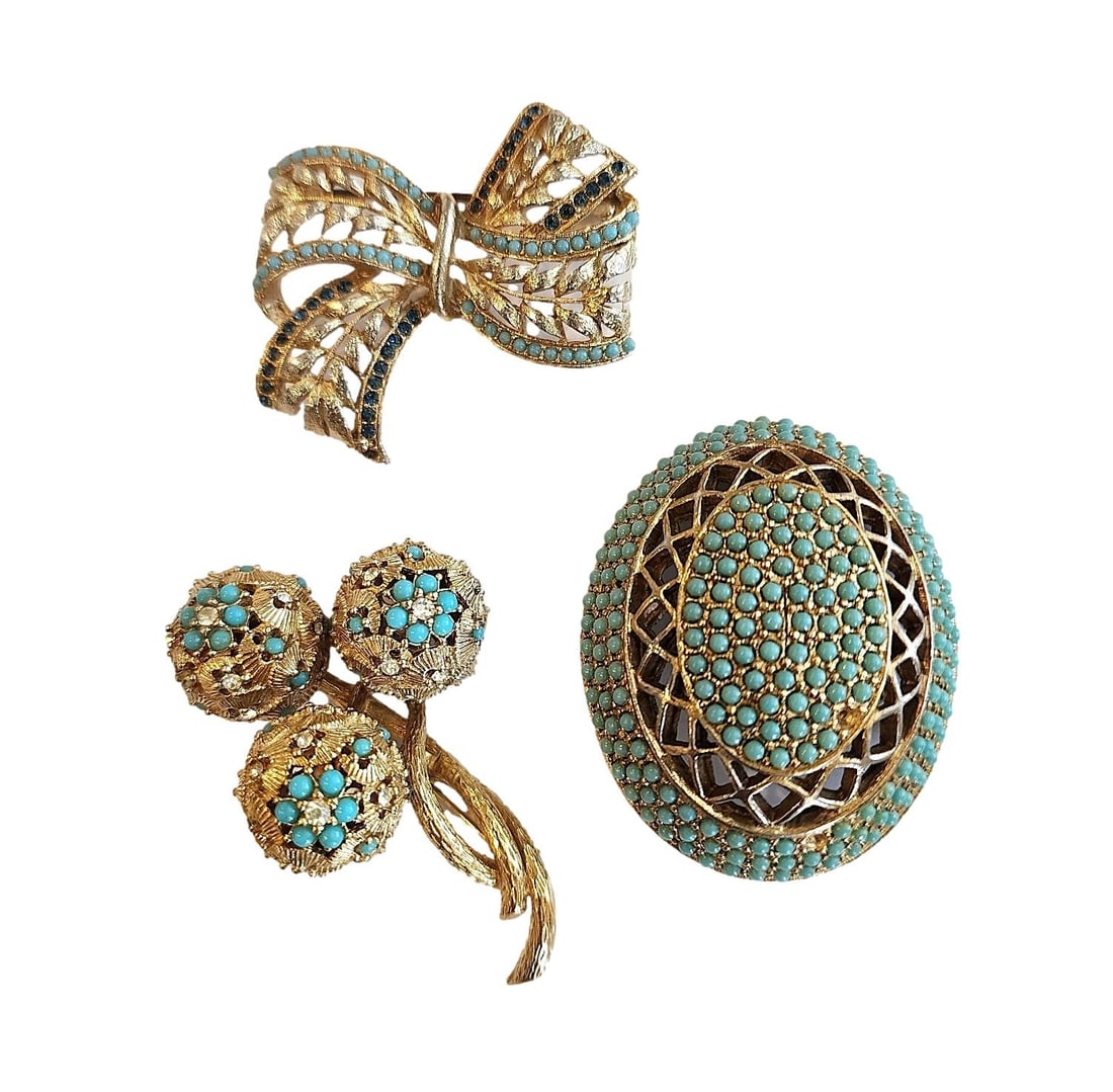 Vintage Gold Metal Brooches with Turquoise Colored Beads. 3 Different Shapes. One Marked HAR, one (1 of 1)