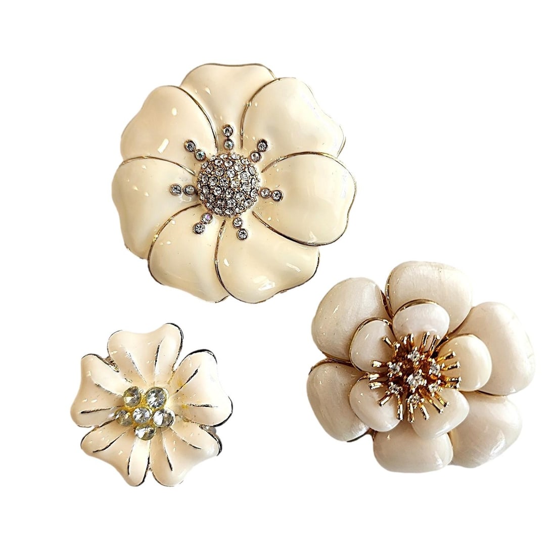 Vintage Flower Pins in Ivory Enamel with Rhinestones. Unmarked. No Reserve: Largest 2".