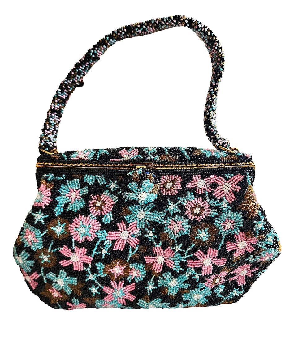 Vintage 1950's Beaded Handbag featuring Blue, Pink, and Bronze Flower Design. Beaded Handle. Gold (1 of 3)
