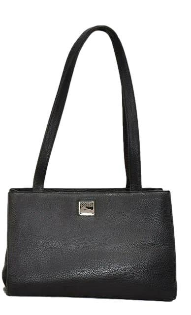 Dooney & Bourke Black Leather Handbag - No Reserve: 10" x 8". Solid Black Handbag. Interior has Zipper Pocket and Slip Pocket. Magnetic Snap. There is a mark on the front panel. Some scratches on the silver front maker's tag. Inside lining shows use. C