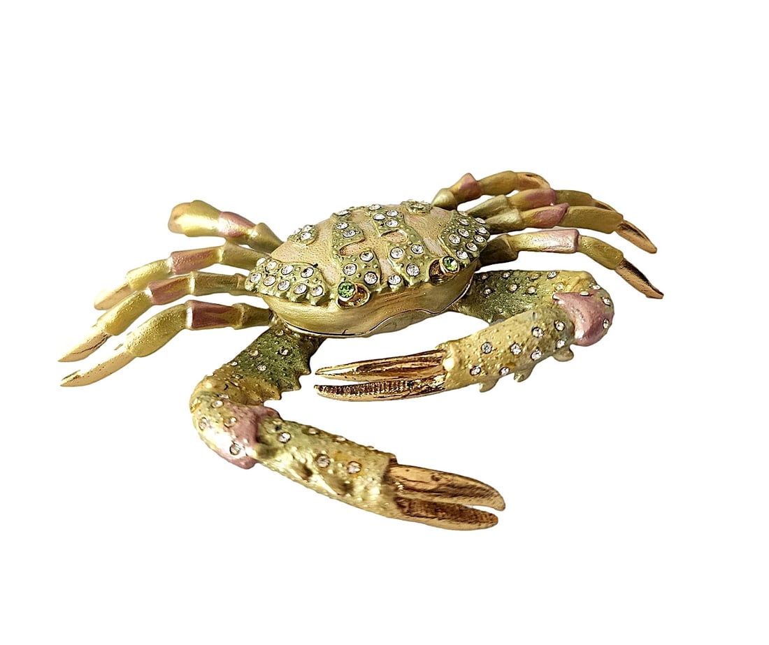Bejeweled Pill/Trinket Box in the shape of a Crab.: A Crab Box with green Crystal Eyes. His back opens up to place trinkets or pills. Magnetic Closure