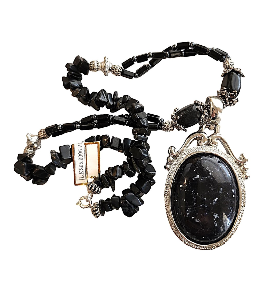 Necklace Featuring Black Mottled Stone Pendant. Stone resembles Snowflake Obsidian.  - 16" (1 of 2)