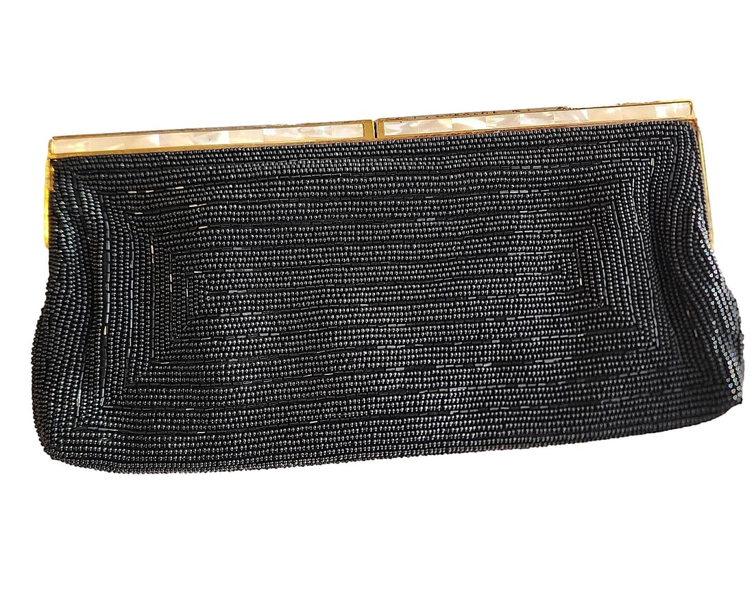 Vintage Black Beaded Evening Bag/Clutch featuring Gold bar with Snap Closure and Pearl Inset to bar. (1 of 4)