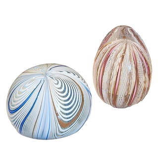 Pink and Blue Glass Paperweights. Ribbon design with copper streaks. 3 1/4" and 2" tall. Unmarked.: Pink paperweight: 3 1/4" tall and blue paperweight: 2" tall and 3 1/4" wide.