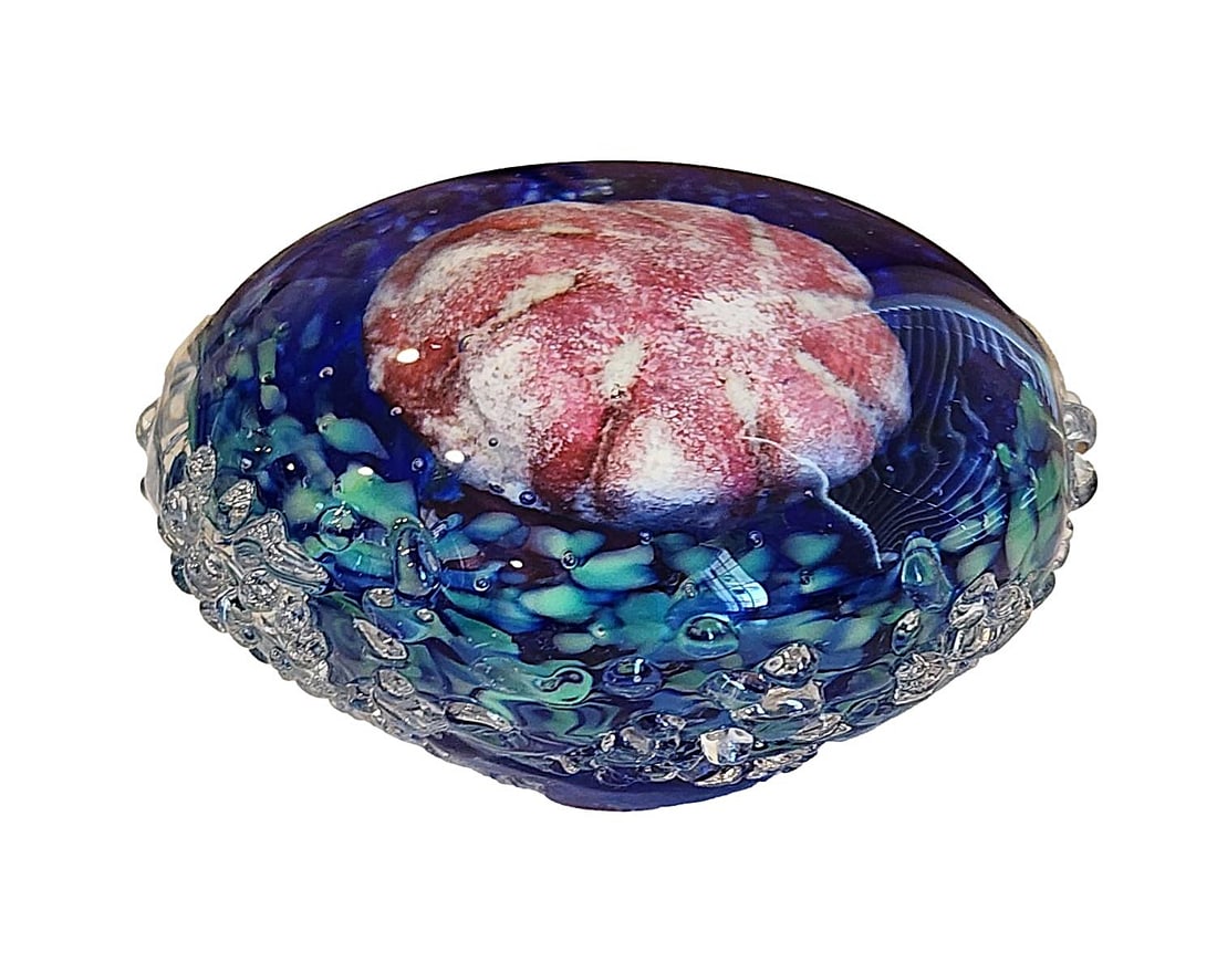 Blue/Green/Pink Abstract Saucer-shaped Glass Paperweight. 3 3/4" x 2 1/2". Unmarked (1 of 3)