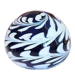 Extra Large Blue and Milk White Swirl Glass Paperweight. Weighing: 2.3#. No Mark: 4" wide x 3 1/4" tall.