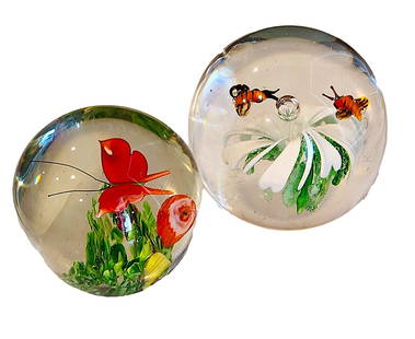 2 Glass Paperweights Featuring Bees and Butterfly. Figures floating over flowers. No Mark.: 2 5/8" Wide x 2 1/2" Tall - Butterfly and 3" Wide x 3 1/4" Tall - Bees. No Mark