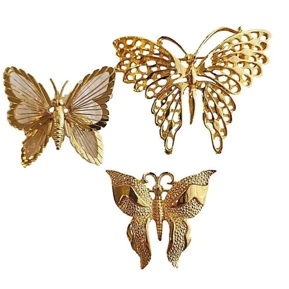 3 Butterfly Pins in Gold Toned Metal. One marked - Monet and one marked D'ORLAN (1 of 1)
