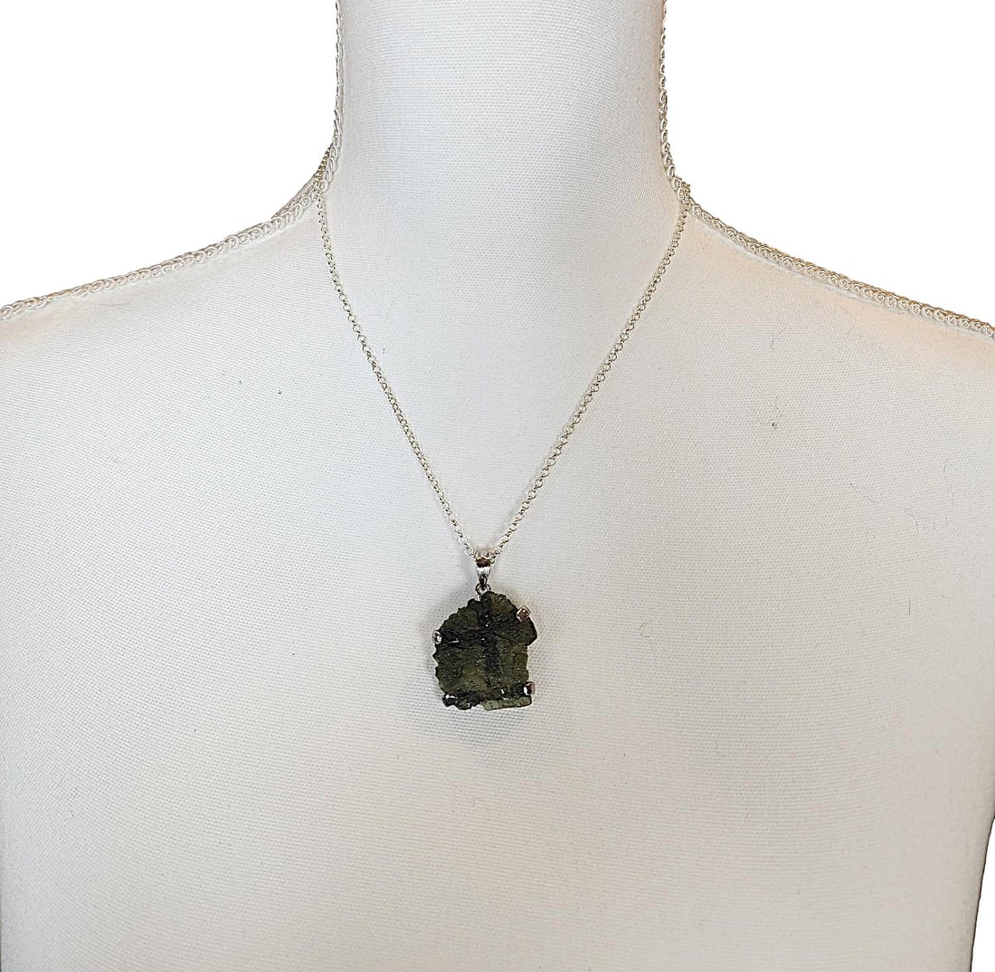 Genuine Moldavite Pendant Necklace - Sterling Silver Chain (1 of 2)