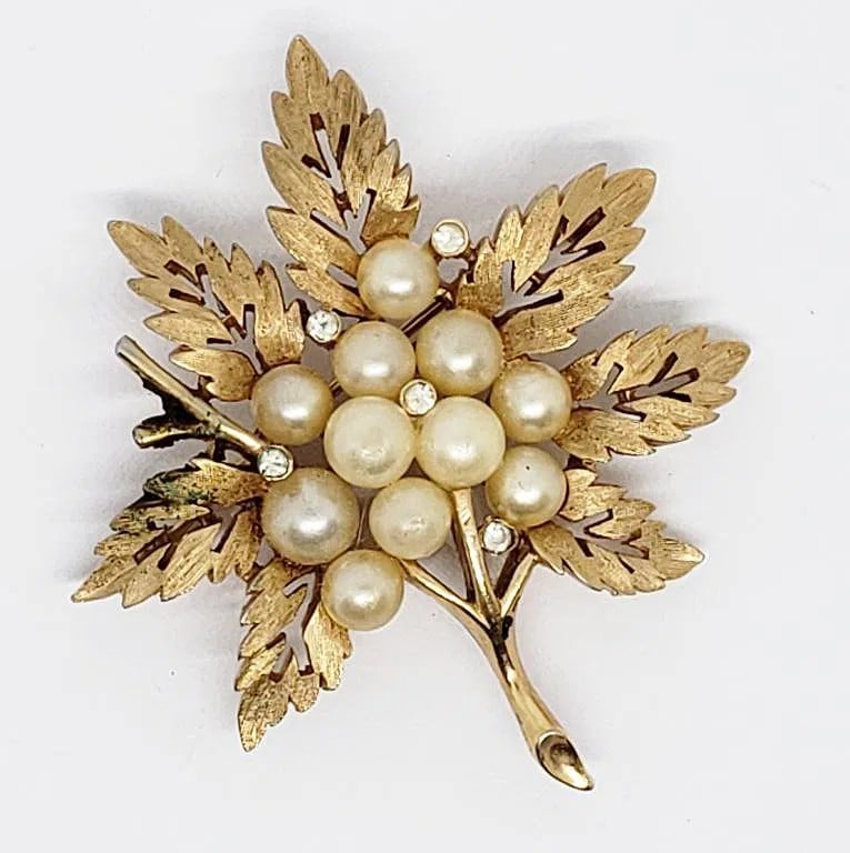 Vintage Trifari Gold-tone Leaf with Rhinestones and Faux Pearls - 2": All Stones are present. Marked Trifari.