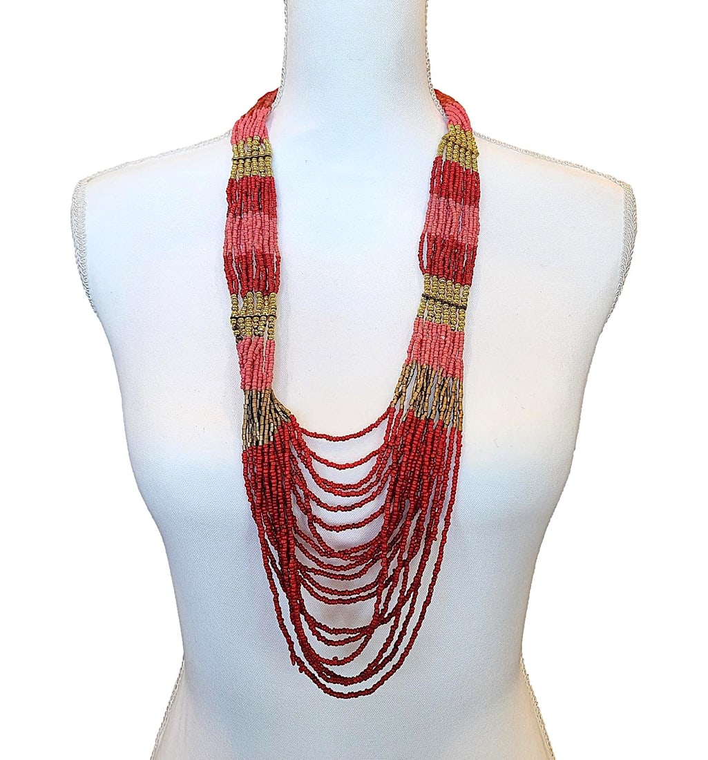 Long-strand Red, Carnelian Pink, and Brass Beaded Necklace - A Statement Piece (1 of 4)