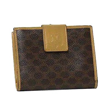 Vintage Celine Macadam Leather Wallet / Credit Card Carrier: Celine monogrammed canvas wallet with leather interior slots and coin pocket, showing age but still in good shape. 3.5"h x 4.5"w