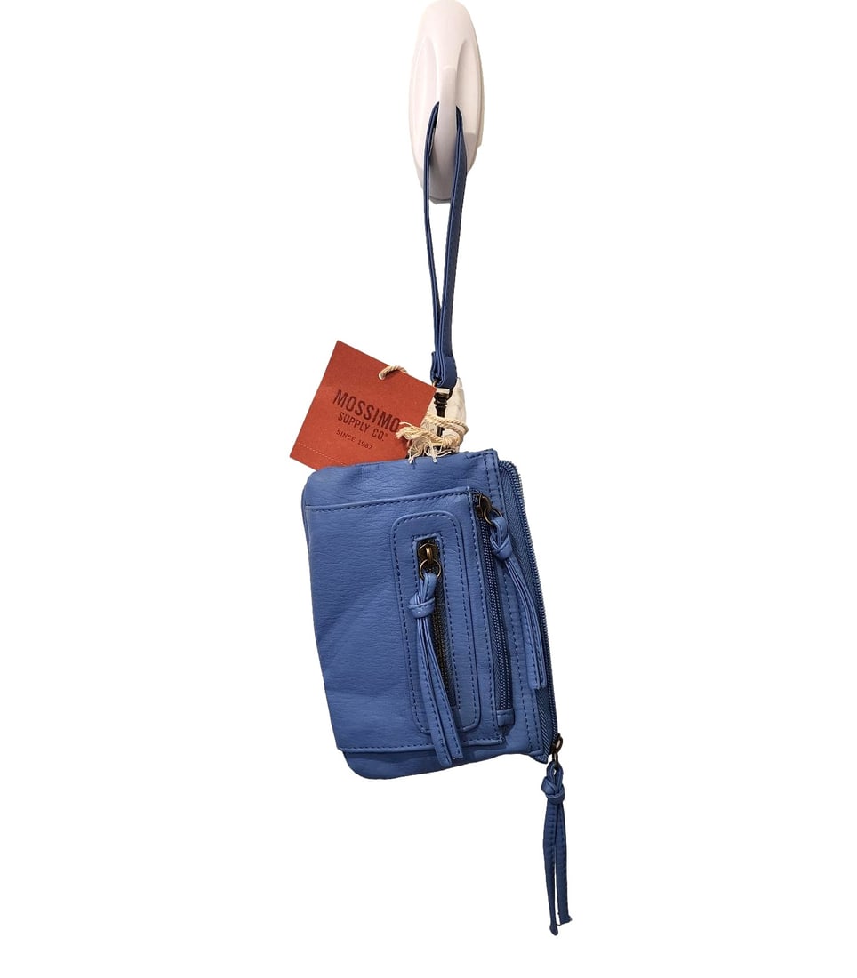 Mossimo Wristlet Wallet in Bright Blue - New with tags: This wristlet features interior credit card slots, 2 zipper front pockets, 2 spaces inside with an additional zipper pocket. Measures: 7" wide x 5" tall x 2" deep.