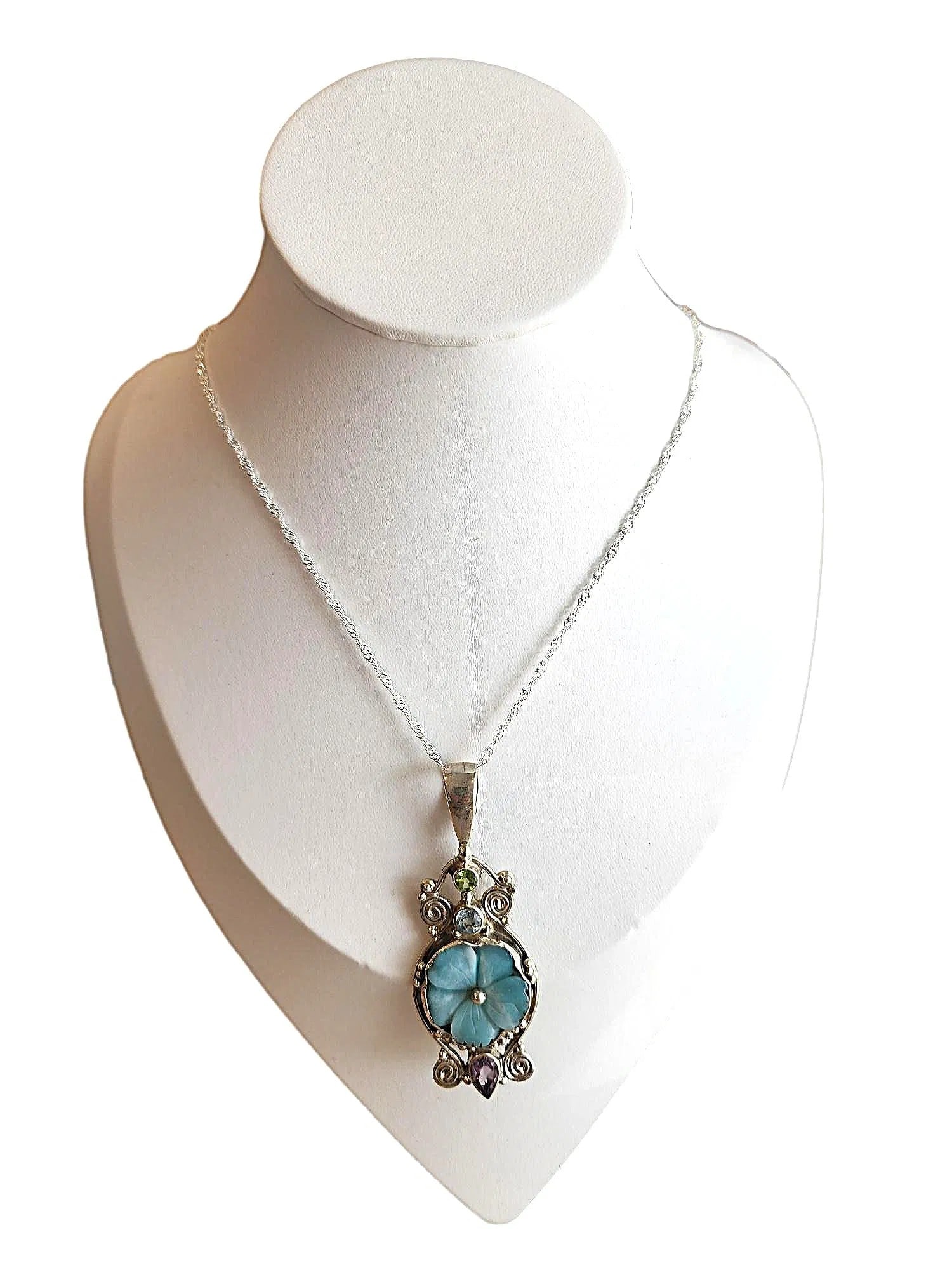 New - Tri-stone Drop Pendant necklace with Amethyst, Peridot, and Aquamarine Stones in Stering (1 of 2)
