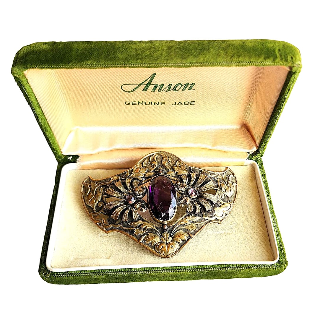 Vintage Gold Metal Brooch - Large Purple Center Stone and 2 small Pink Stones (1 of 4)