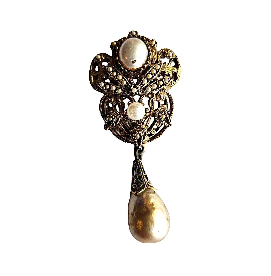 Edwardian Inspired Vintage Brooch w/ Faux Pearl Drop - Pauline Rader (1 of 2)