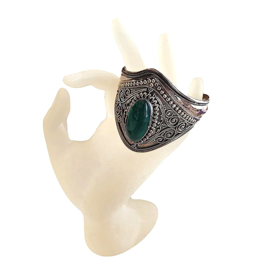 New - Sterling Silver Cuff Bracelet with Green Cabochon Stone - 44 grams (1 of 3)