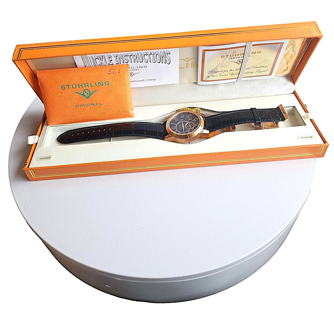 Vintage Stuhrling Men's Watch Rose Gold Case/ Leather Strap - New in Box (1 of 6)