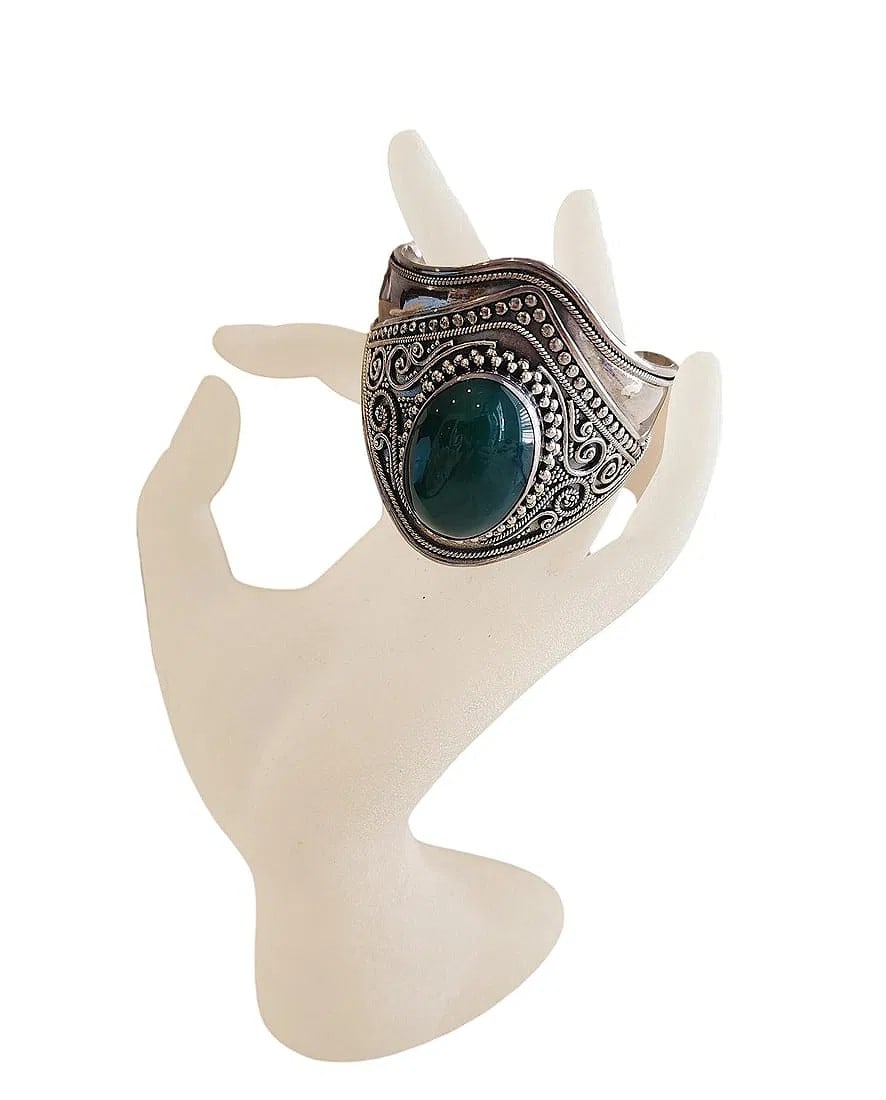 New Sterling Silver Cuff Bracelet w/ Green Cabochon Stone - 49 gms (1 of 3)